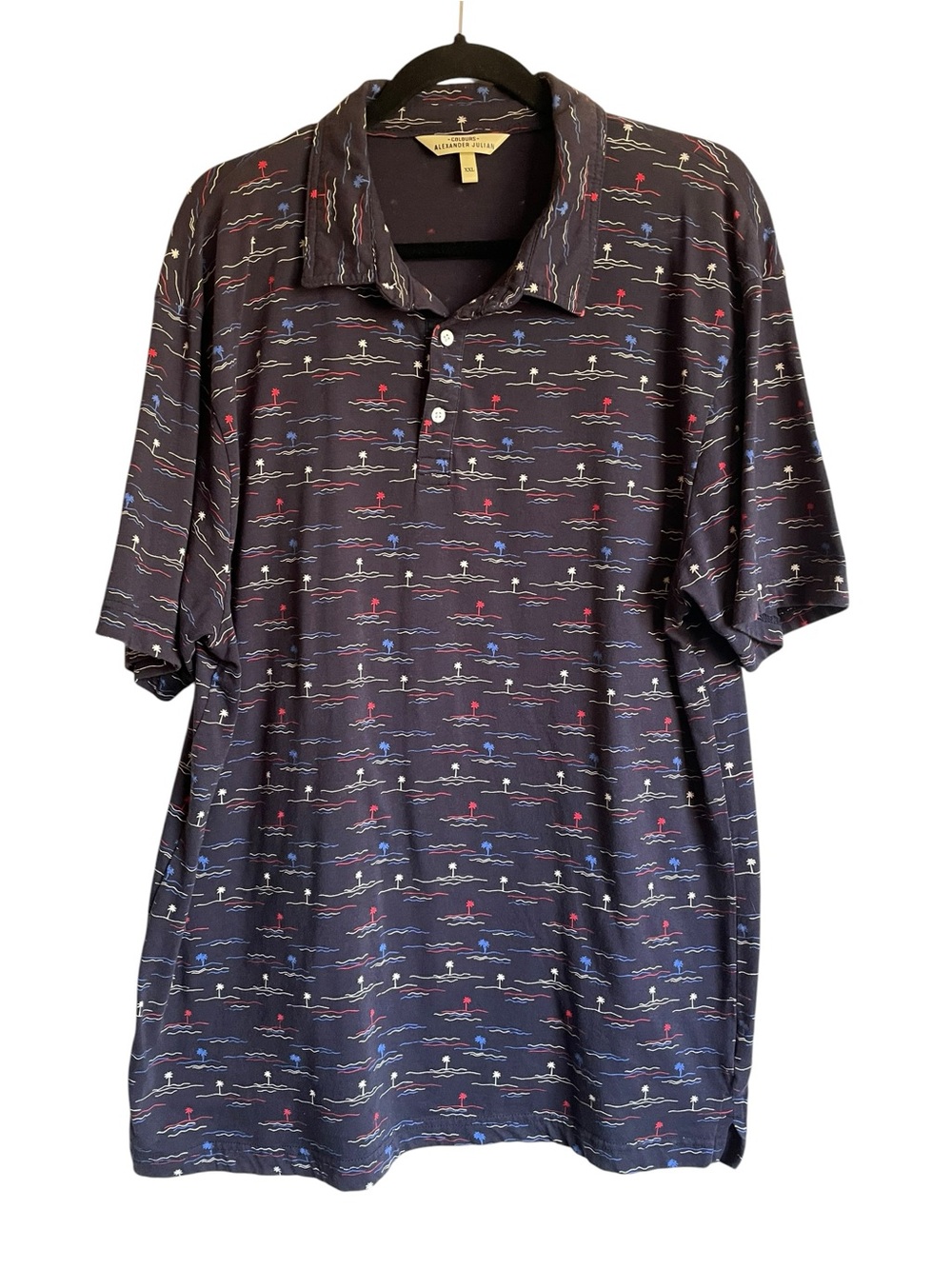 Colours Alexander Julian Navy Polo Red White, Blue Palm Tree Ocean Waves Pattern